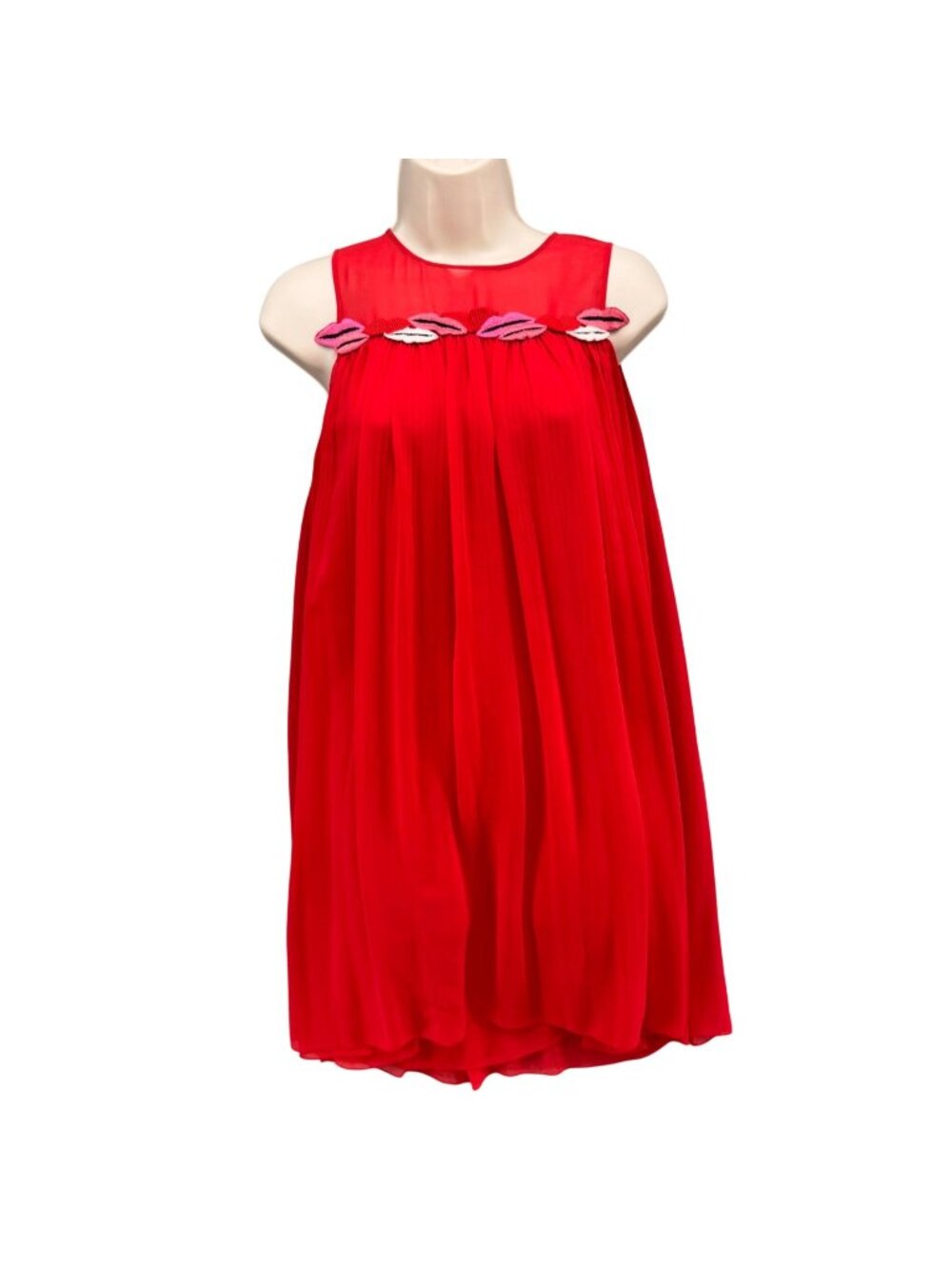 Giamba LIttle Lip Pleated Dress Red Sleeveless Mini Swing Chiffon Sheer Size 4